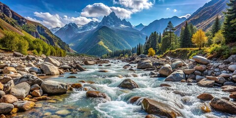 Wall Mural - Mountain river flowing through rocky terrain in the picturesque mountains, mountain, river, flowing, rocky, terrain