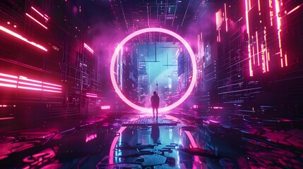 Poster - Glitch circle. Distorted glowing circle cyberpunk style. Futuristic round shape with TV interference effect. Design for promo music events, games, web, banners, backgrounds. 