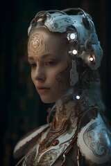 Wall Mural - 3d rendering of a female robot with a white fur and blue eyes