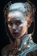 Wall Mural - Portrait of a futuristic female robot. The concept of artificial intelligence.