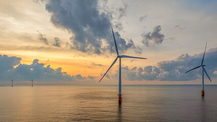 Wall Mural - Landscape with Turbine Green Energy Electricity, Windmill for electric power production, Wind turbines generating electricity on ocean at Ba Dong, Tra Vinh, Vietnam. Clean energy concept.