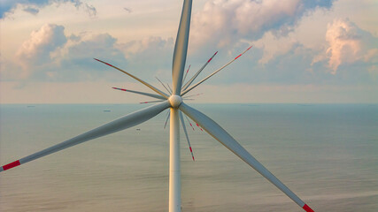 Wall Mural - panoramic view of wind farm or wind park, with high wind turbines for generation electricity with co