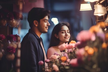 beautiful young couple in love florist shop with flowers.