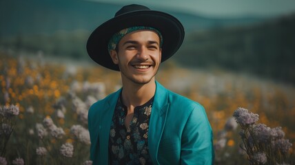 Wall Mural - Portrait of a young handsome man in a hat on the background of a field of wildflowers