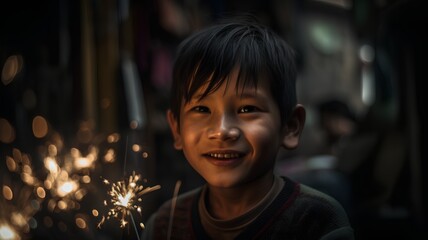 Wall Mural - Little boy with sparklers in the street of Kathmandu, Nepal