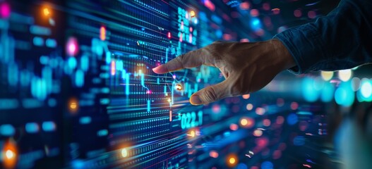 Poster - Business professional interacting with futuristic digital interface displaying data