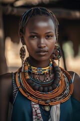 Wall Mural - Portrait of a beautiful young African woman with necklace in traditional clothes.