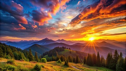 Wall Mural - Vibrant sunset over a serene mountain landscape, sunset, mountain, landscape, scenic, nature, beauty, sky, colorful, peaceful