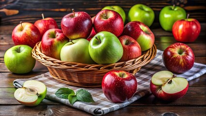 Wall Mural - Fresh organic red and green apple platter and basket with apple slices on the dining table, apples, organic, fresh, red, green, platter