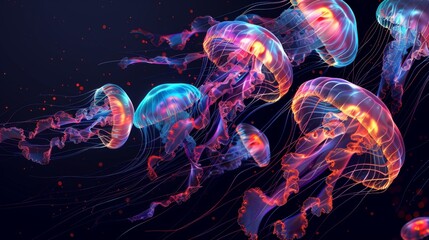 Digital rendering of a swarm of jellyfish with vibrant colors against a dark background evokes underwater life