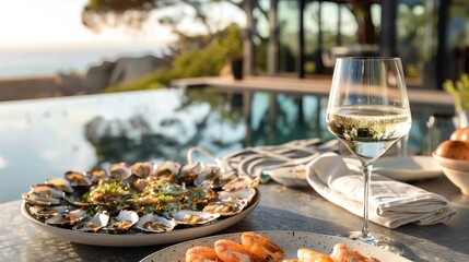 Glass of white wine with seafood platter, coastal dining setting, fresh and elegant