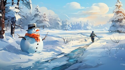 Wall Mural - Snowman duo embarking on a daring rescue mission to save their carrot-nosed friend, who has become trapped in a snowdrift. Flat color illustration cartoons character, full body, Isolate on white