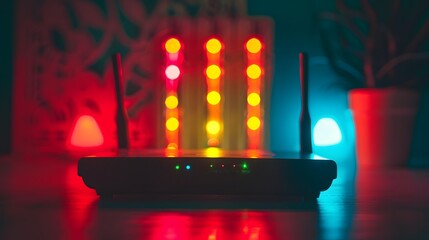 Poster - a high-speed internet router with glowing lights against a dark background, generative ai
