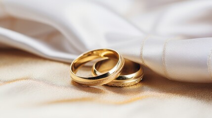 Two elegant golden wedding rings lying on a soft silky fabric, symbolizing matrimony