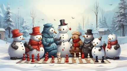 Wall Mural - Group of snowmen and snowwomen gathering for a whimsical snowball tournament, with teams competing for bragging rights and prizes. Flat color illustration cartoons character, full body, Isolate on