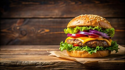 Close-up of a delicious burger on a wooden table , burger, food, tasty, close-up, wooden table, rendering,meal