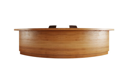 A modern, wooden reception desk with a curved design, perfect for offices, hotels, or business environments, providing a sleek and professional welcome.