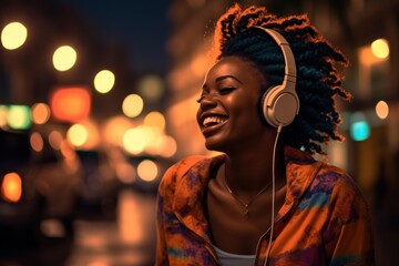 Poster - African woman headphones headset street.