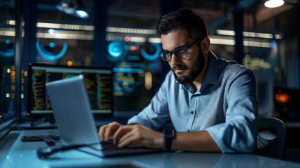 Poster - portrait of an engineer working on laptop