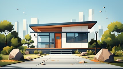 Sticker - An artist's rendering of a small minimalist house, showcasing a simple, boxy structure with clean lines and minimal detailing, isolated on a white background. Clipart Flat color illustration, Isolate