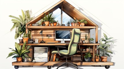 Poster - Tiny home office space within a small minimalist house, featuring a simple desk, chair, and built-in storage, illustrated against a white background. Clipart Flat color illustration, Isolate on white