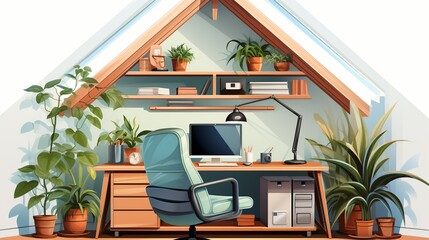 Poster - Tiny home office space within a small minimalist house, featuring a simple desk, chair, and built-in storage, illustrated against a white background. Clipart Flat color illustration, Isolate on white