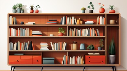 Poster - Storage solutions in a small minimalist house, including built-in shelves and cabinets, designed to maximize space, isolated against a white background. Clipart Flat color illustration, Isolate on