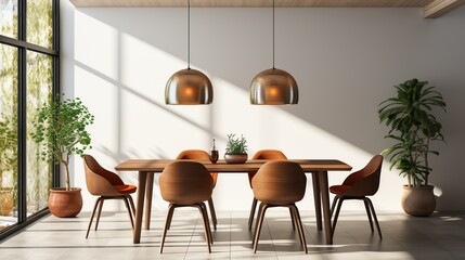 Poster - Dining area within a small minimalist house, featuring a simple table, chairs, and pendant lighting, depicted against a white background. 3d Clipart, Isolate on white background, Center image,