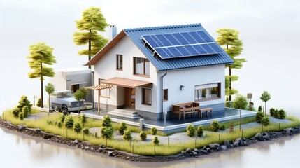 Poster - Small minimalist house with an integrated rainwater harvesting system and simple, clean exterior design, set against a white background. 3d Clipart, Isolate on white background, Center image,