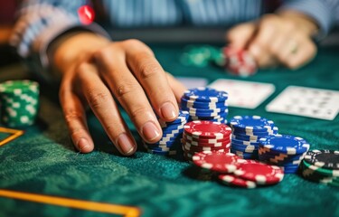 Person playing poker at casino table with chips and cards on table in business entertainment game concept