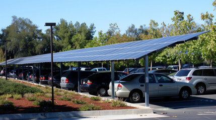 solar panels as shade for cars in parking lot, eco friendly green energy