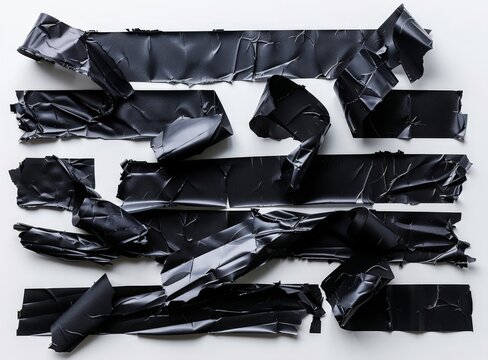 A variety of black fabric ribbons scattered on a white surface