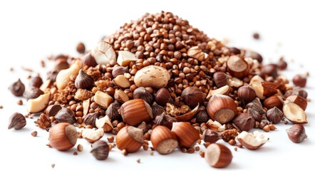 A pile of mixed nuts on a white surface