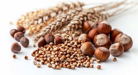Wall Mural - A variety of nuts scattered on a white background