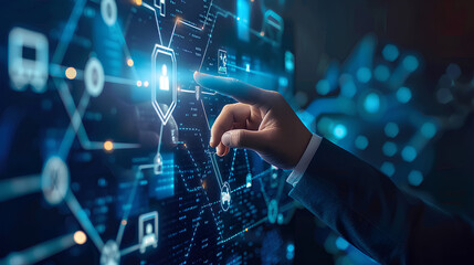 Poster - businessman pointing with cybersecurity icon and technological business data network. ensuring data 