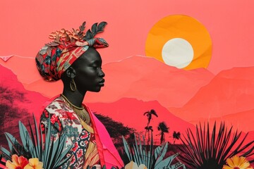 Wall Mural - Minimal Collage Retro dreamy of african art adult representation.