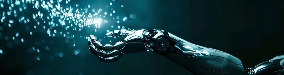 Poster - Futuristic robotic hand reaching out in dark blue with white light rays