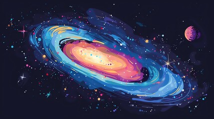 irregular galaxy flat design side view astronomical wonder theme cartoon drawing triadic color schem
