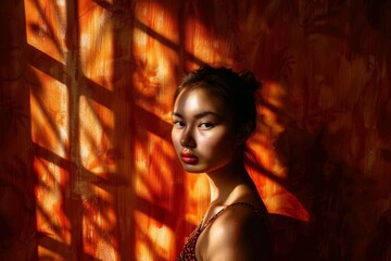 A captivating portrait of a young woman bathed in dramatic shadows and warm light creating a striking visual contrast against the vibrant orange background