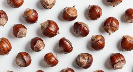 Wall Mural - A collection of brown walnuts scattered on a white background.
