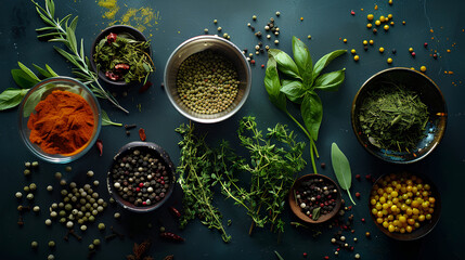 Top view of Herbs and spices isolated on background, ingredients for cooking food, healthy vegetables food, high fibers and vitamins