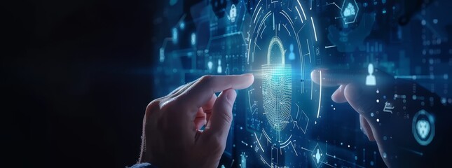 Poster - Futuristic digital padlock with biometric security features in virtual interface
