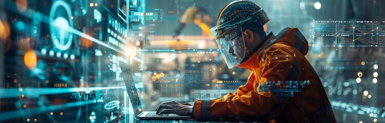 Poster - Engineer working on futuristic technology interface in industrial setting