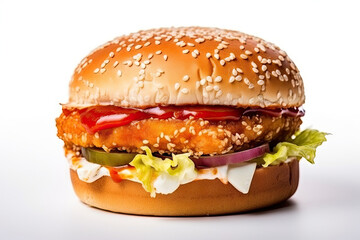 Wall Mural - Crispy chicken burger with fresh lettuce, tomato, and creamy sauce on a sesame seed bun, a tantalizing treat.