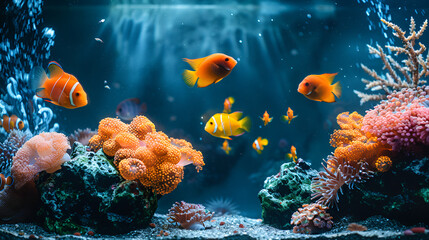 Aquarium fish with coral and aquatic animals, depicting vibrant underwater life and marine biodiversity, ideal for aquarium and marine-themed visuals, Generative AI