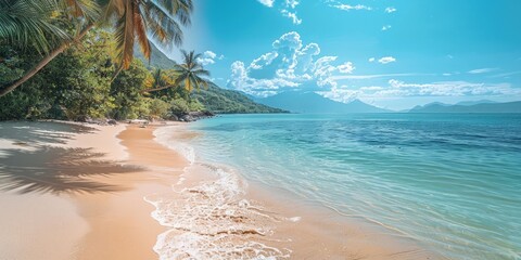 Beautiful beach scene with palm trees and clear blue water.