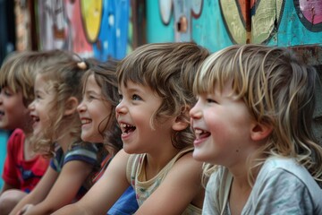 Wall Mural - Group of happy kids having fun in amusement park. Selective focus.