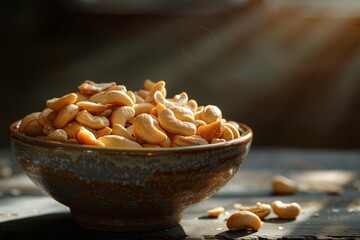 a bowl of cashews with a few fallen on the table.