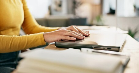 Poster - Woman, home and hands typing on laptop for email, data entry and business report for company project or task. Girl, internet and communication for remote work updates, spreadsheet and finish with job
