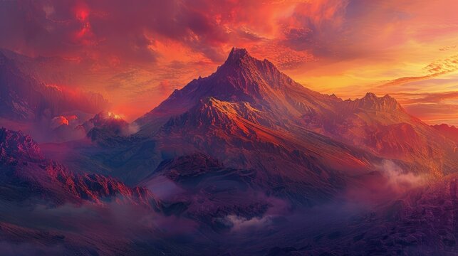 Sunset Hues on Volcanic Mountains AI generated